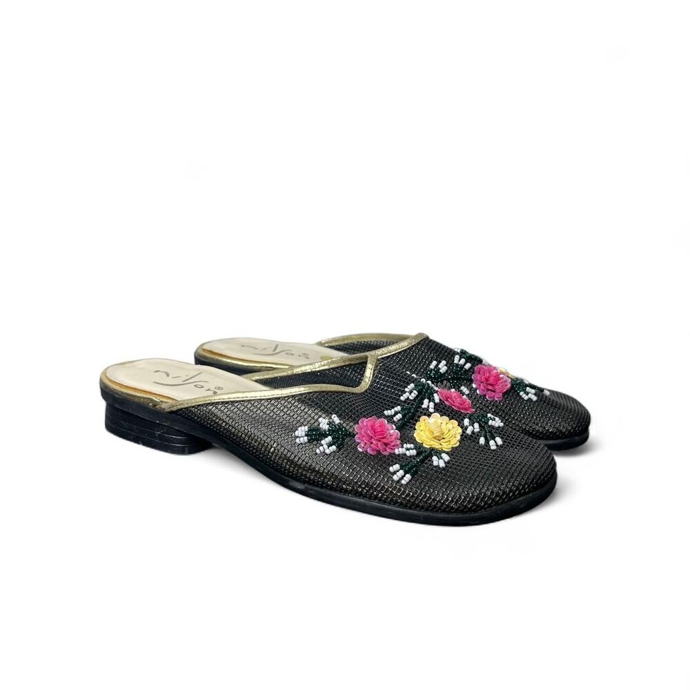 Y2K Vintage Black Mesh Floral Beaded Sequin Slip On Mule Slippers Fairycore